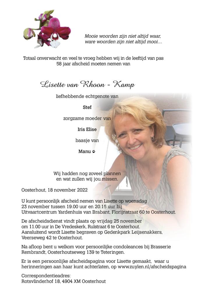 In memoriam: Lisette van Rhoon-Kamp